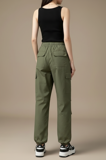 Pantalon Cargo Vert Militaire Ample Taille Élastique Femme - Kaki Polyester - vue 2
