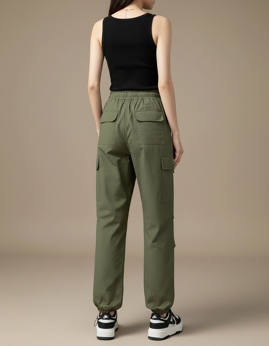 Pantalon Cargo Vert Militaire Ample Taille Élastique Femme - Kaki Polyester - vue 2