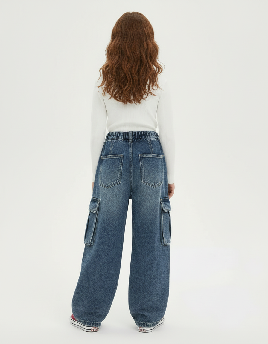 Pantalon Cargo Jean Ample Bleu Fille - vue 2