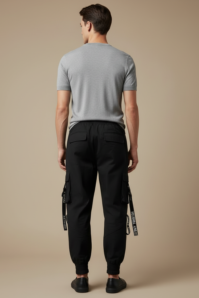 Pantalon Cargo Noir Jogger Techwear Rubans Ample - Polyester - vue 2