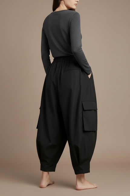 Pantalon Cargo Noir Fluide Ample Taille Haute Femme - Polyester - vue 2