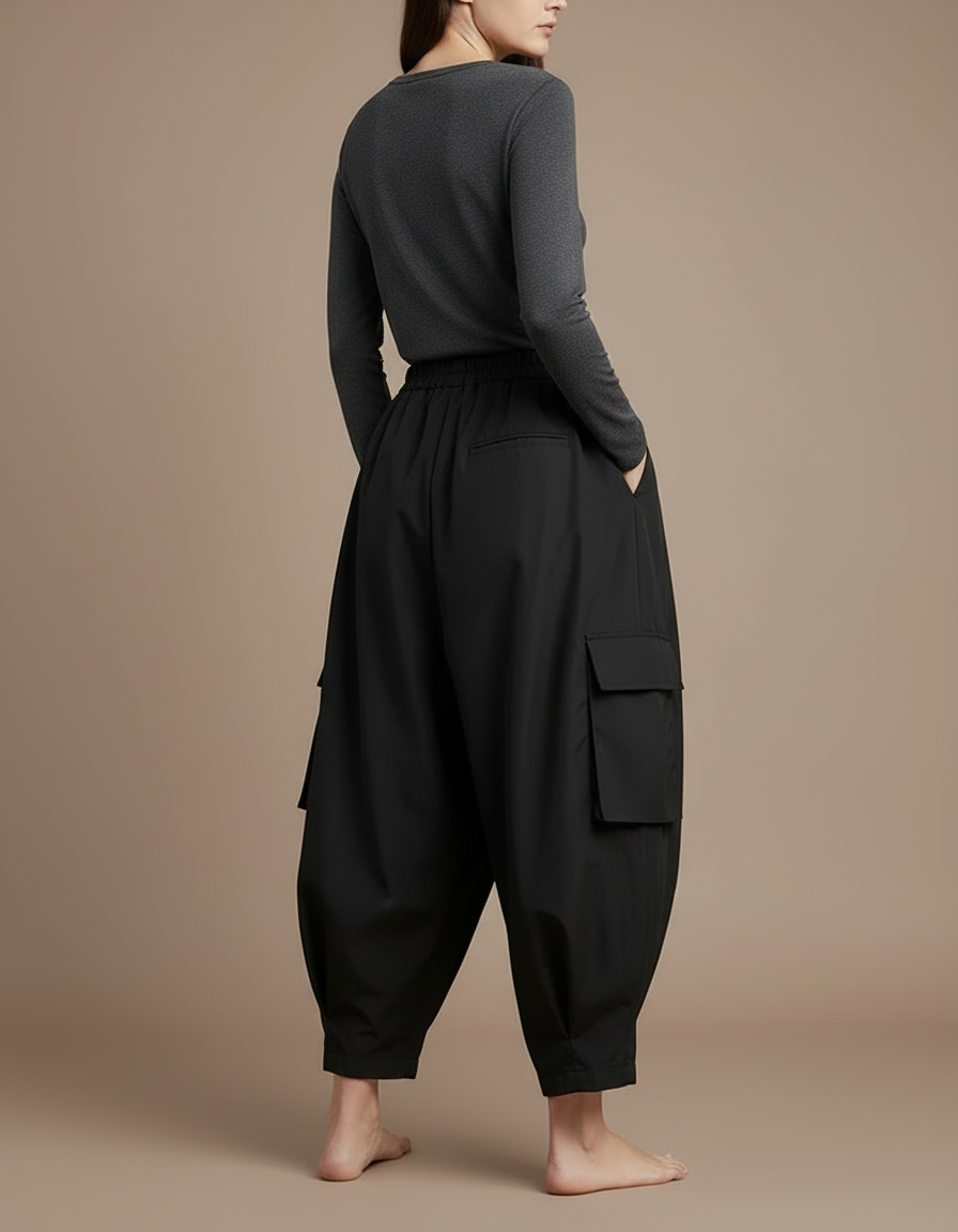 Pantalon Cargo Noir Fluide Ample Taille Haute Femme - Polyester - vue 2