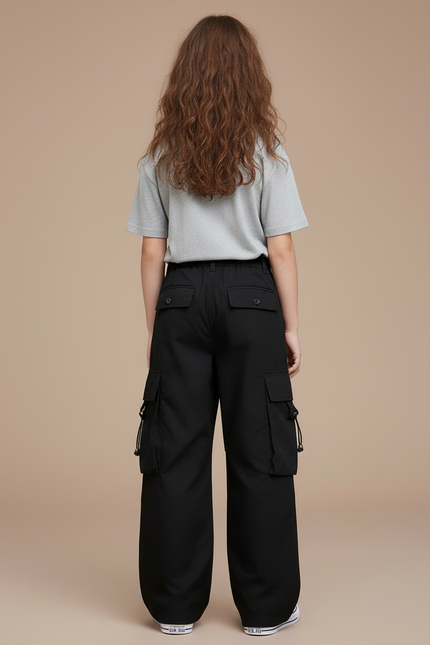 Pantalon Cargo Noir Décontracté Ample Fille Multipoches - Toile - vue 2