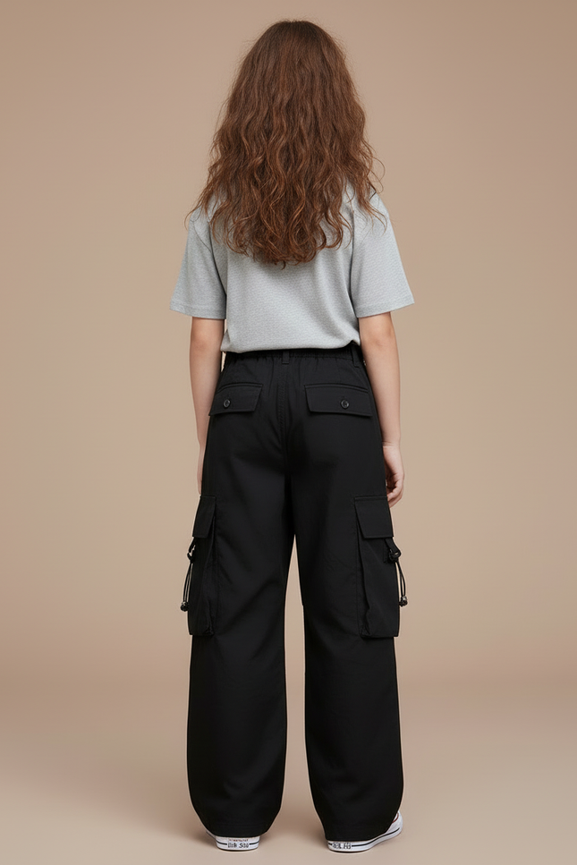 Pantalon Cargo Noir Décontracté Ample Fille Multipoches - Toile - vue 2