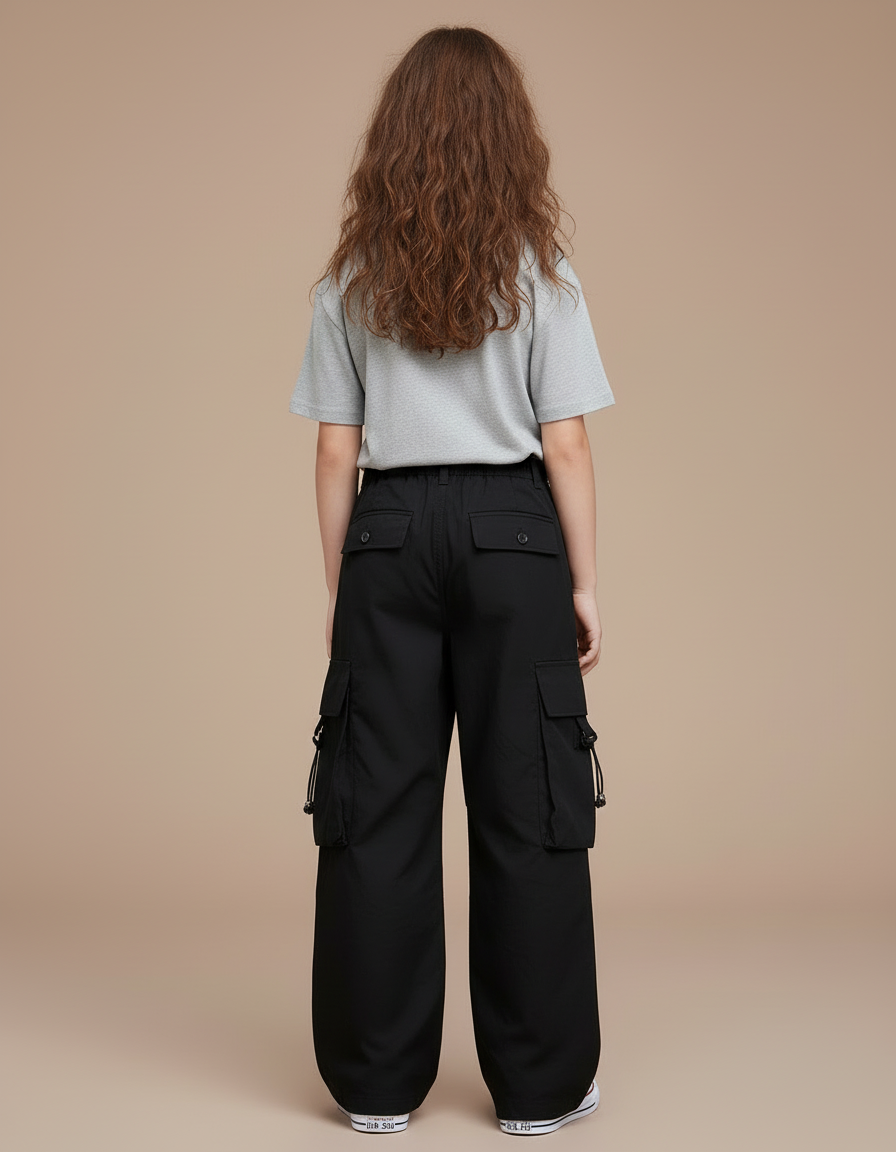 Pantalon Cargo Noir Décontracté Ample Fille Multipoches - Toile - vue 2