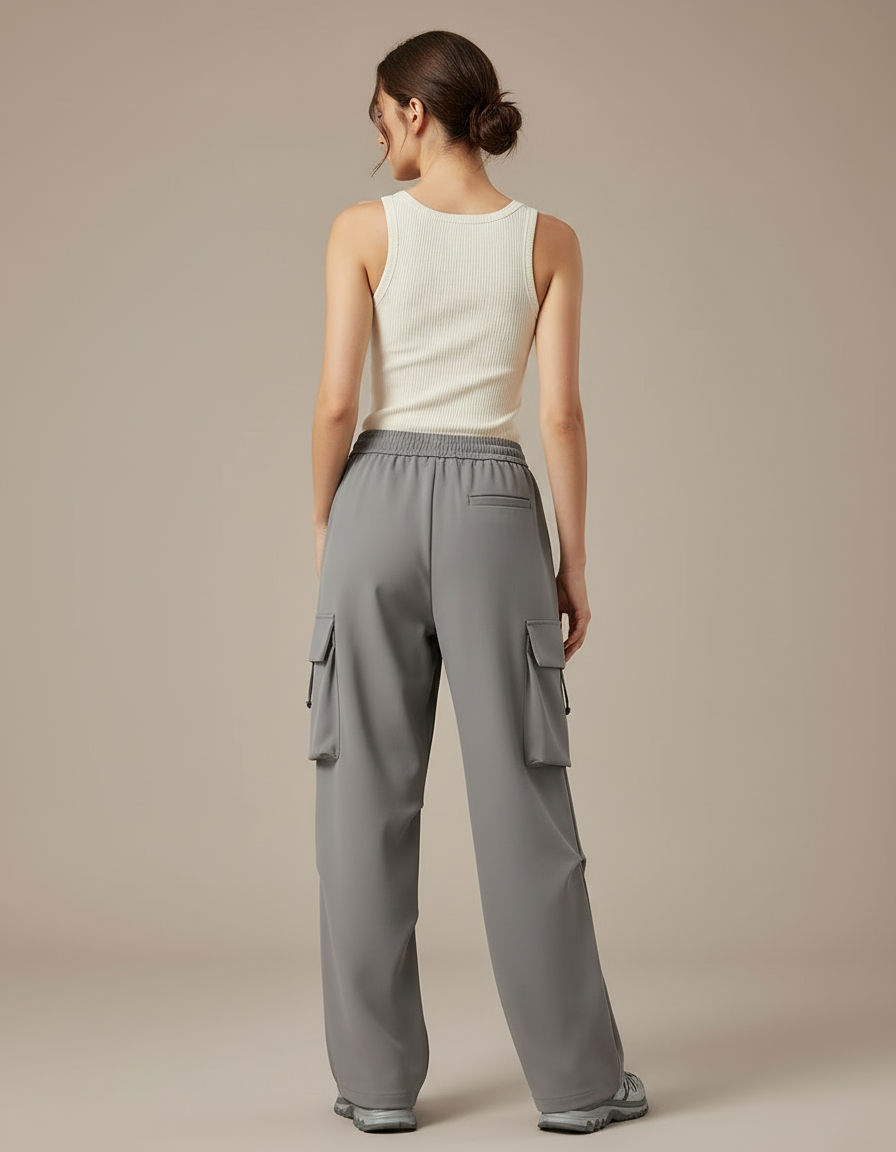 Pantalon Cargo Gris Ample Décontracté Sport Femme - Polyester - vue 2