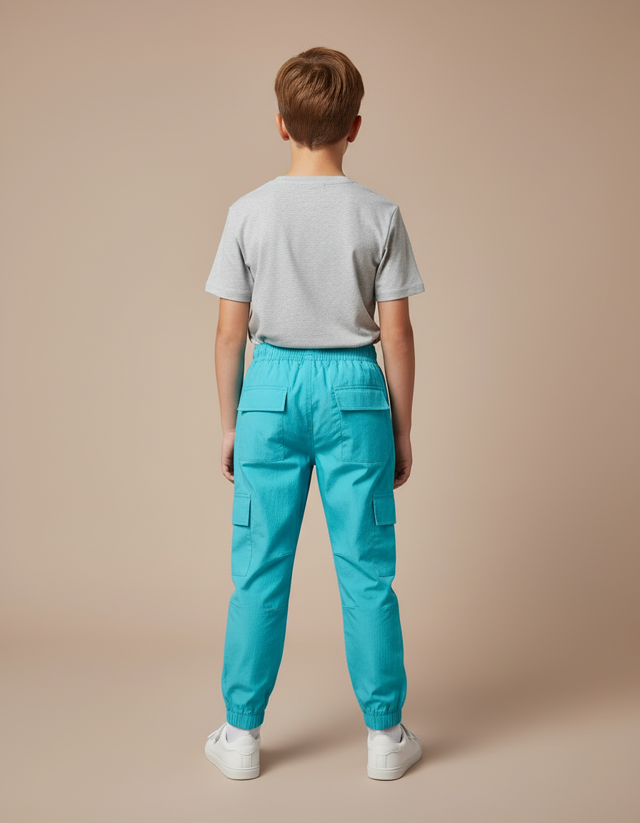 Pantalon Cargo Turquoise Ample Garçon Streetwear - Bleu Polyester - vue 2