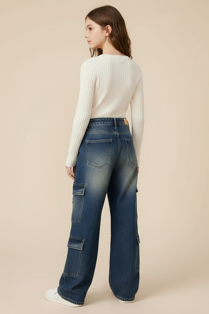 Pantalon Cargo Jean Large Délavé Multipoches Fille - Bleu - vue 2