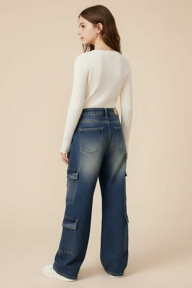 Pantalon Cargo Jean Large Délavé Multipoches Fille - Bleu - vue 2