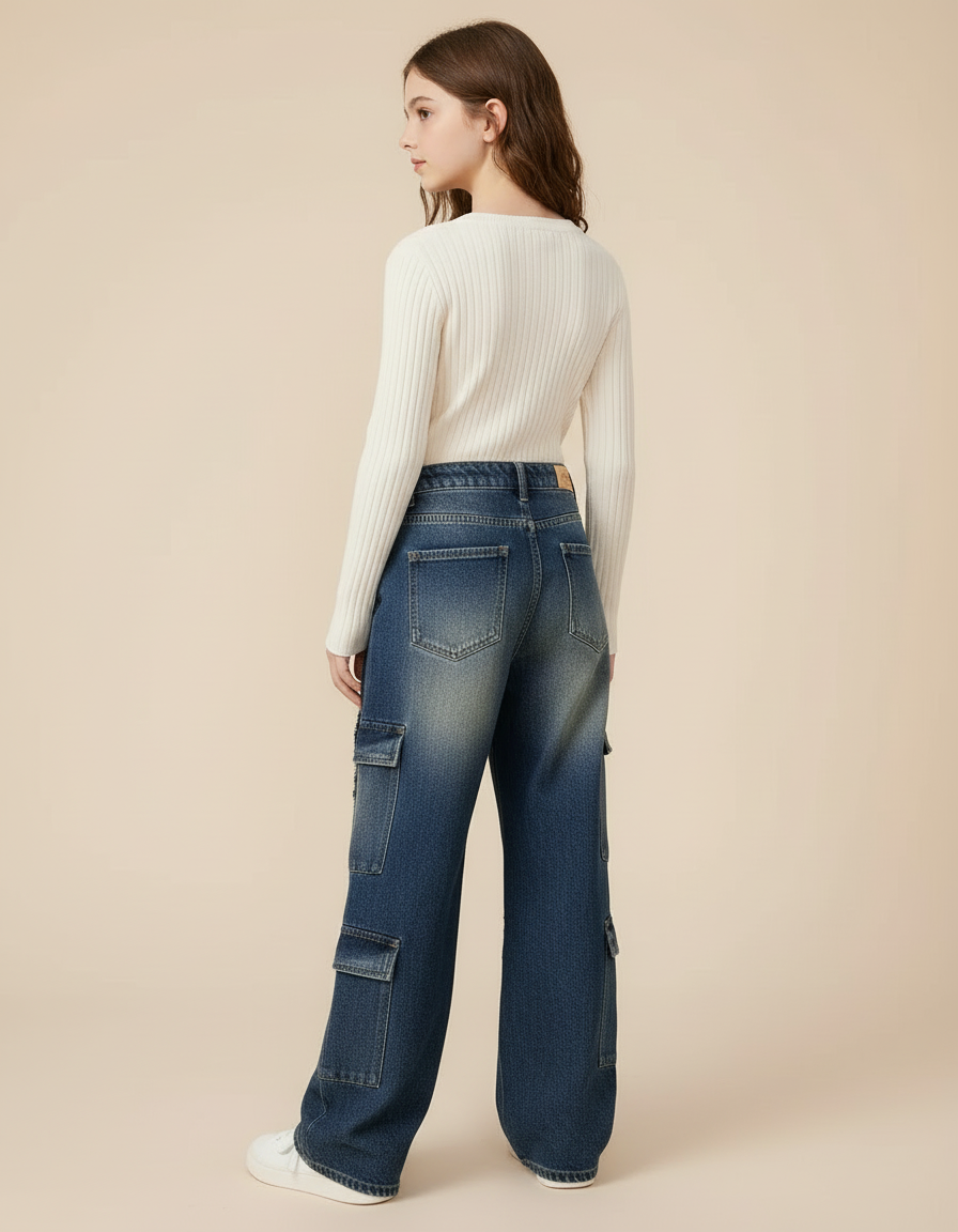 Pantalon Cargo Jean Large Délavé Multipoches Fille - Bleu - vue 2