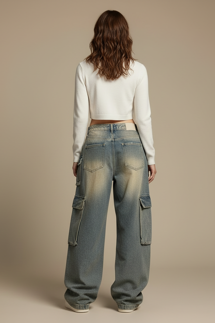 Pantalon Cargo Ample Délavé Multipoches Décontracté Femme - Bleu Jean - vue 2