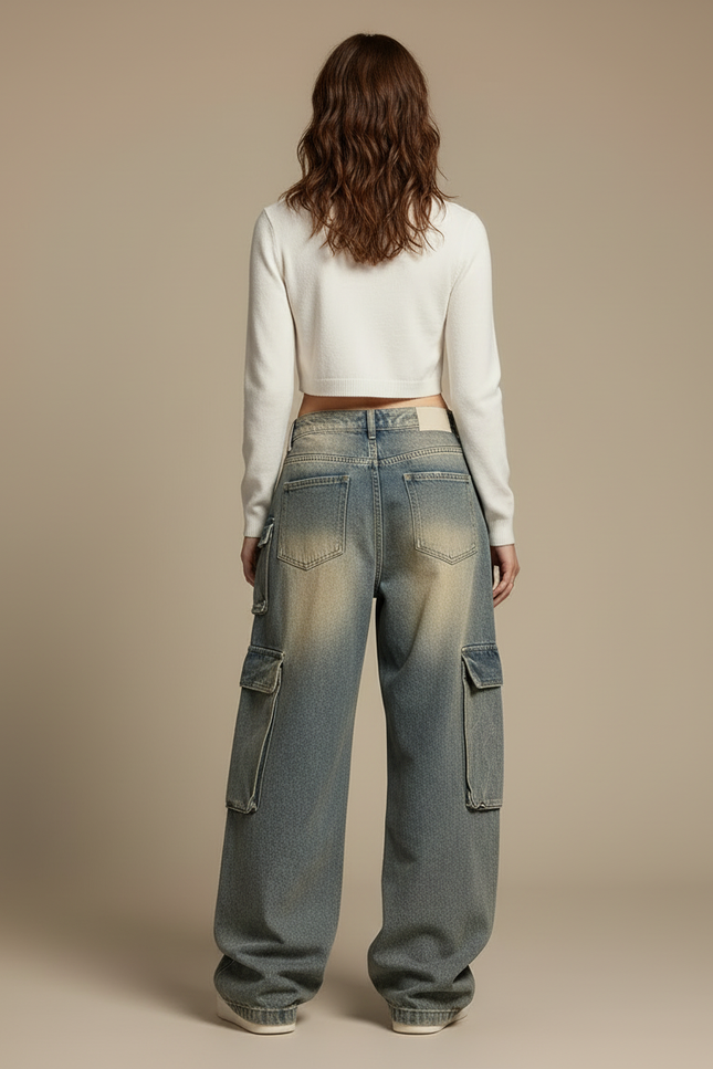 Pantalon Cargo Ample Délavé Multipoches Décontracté Femme - Bleu Jean - vue 2