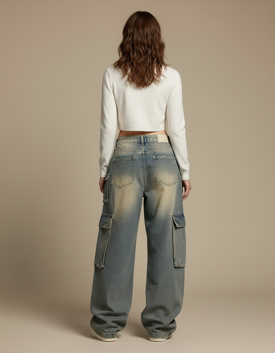 Pantalon Cargo Ample Délavé Multipoches Décontracté Femme - Bleu Jean - vue 2