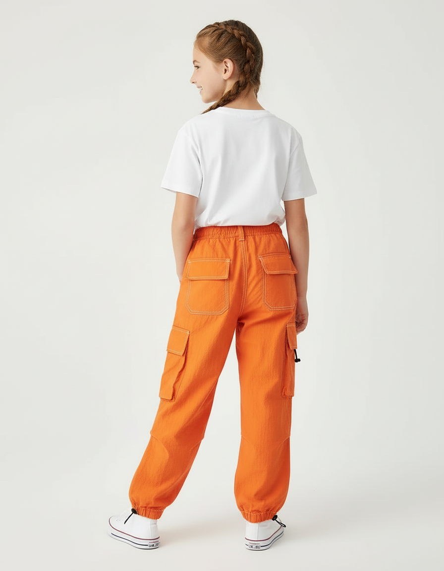 Pantalon Cargo Orange Ample Enfant Poches Jogger - Polyester - vue 2