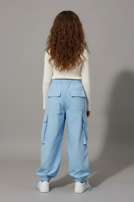 Pantalon Cargo Bleu Ample Décontracté Multipoches Fille - Polyester - vue 2