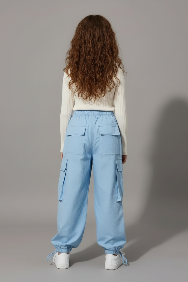 Pantalon Cargo Bleu Ample Décontracté Multipoches Fille - Polyester - vue 2