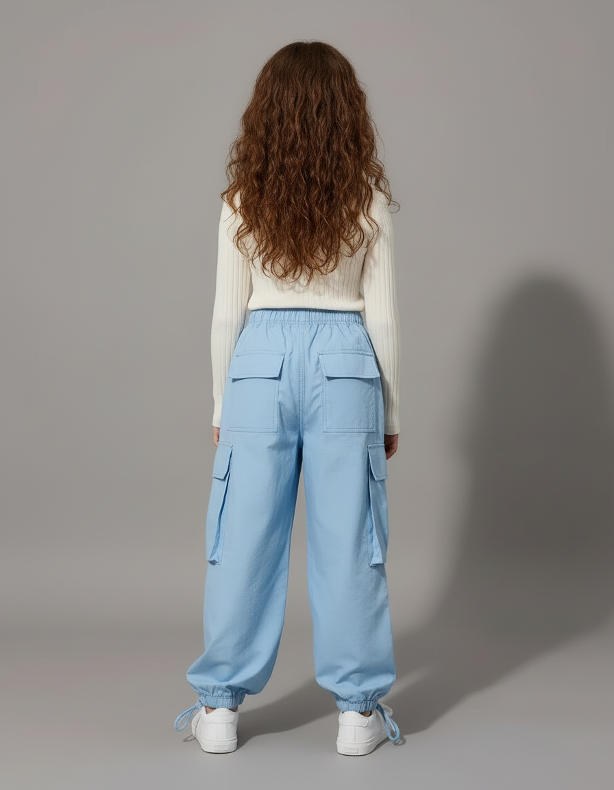 Pantalon Cargo Bleu Ample Décontracté Multipoches Fille - Polyester - vue 2