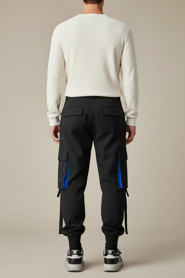 Pantalon Cargo Noir Décontracté Multi-Poches Bleu - Gabardine - vue 2