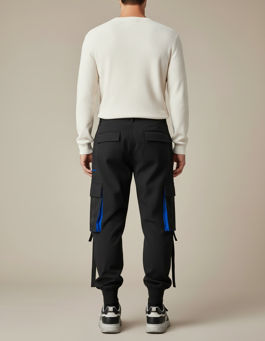 Pantalon Cargo Noir Décontracté Multi-Poches Bleu - Gabardine - vue 2
