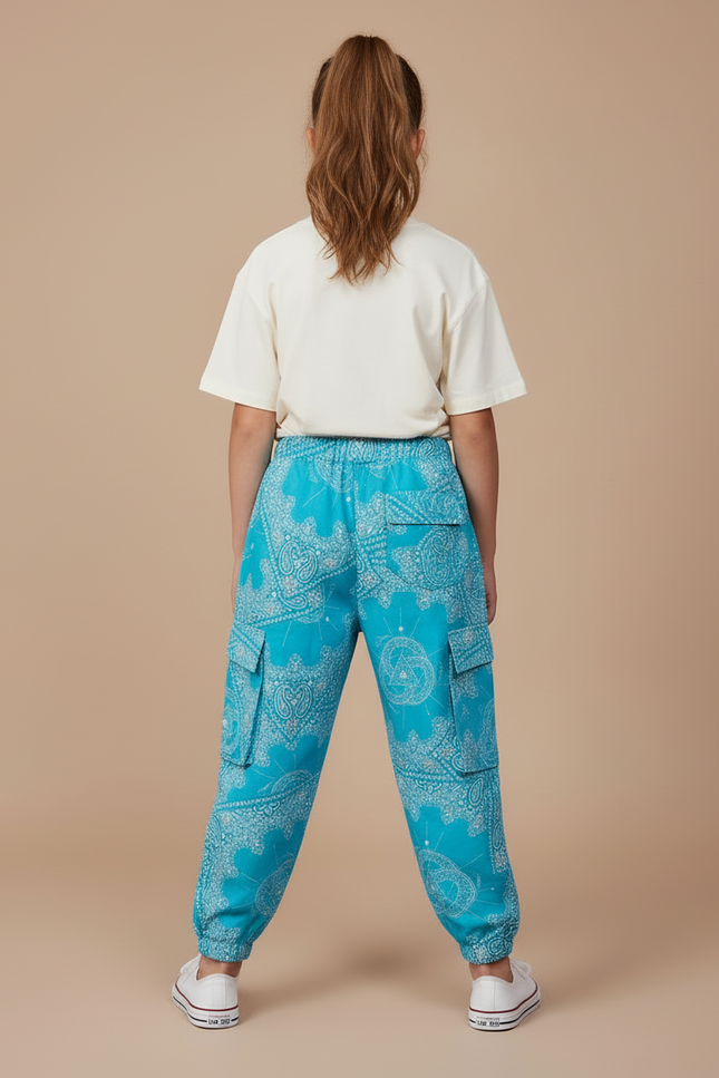 Pantalon Cargo Bleu Turquoise Ample Motif Paisley Enfant - Coton - vue 2