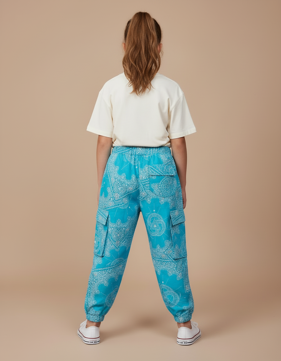 Pantalon Cargo Bleu Turquoise Ample Motif Paisley Enfant - Coton - vue 2
