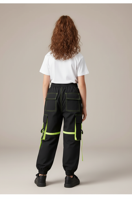 Pantalon Cargo Noir Fluo Décontracté Multipoches Enfant - Polyester - vue 2