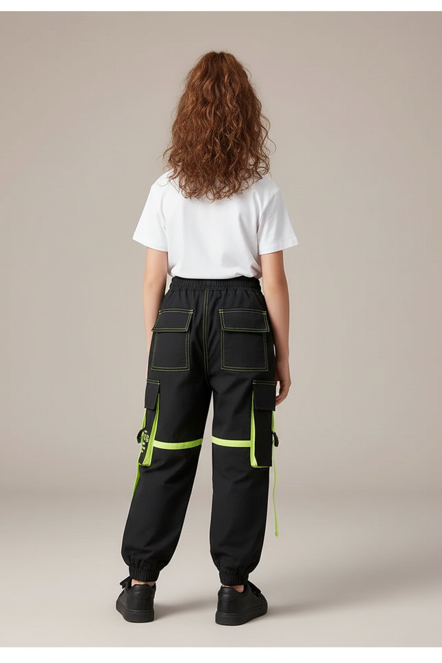 Pantalon Cargo Noir Fluo Décontracté Multipoches Enfant - Polyester - vue 2