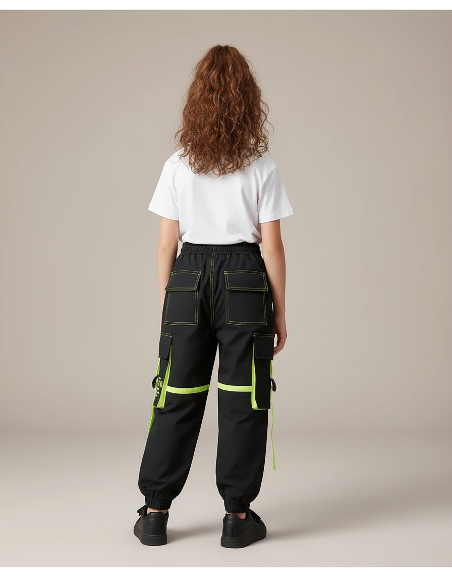 Pantalon Cargo Noir Fluo Décontracté Multipoches Enfant - Polyester - vue 2