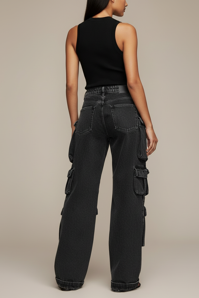 Pantalon Cargo Noir Décontracté Ample Multipoches Femme - Jean - vue 2
