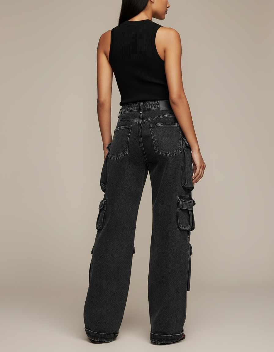 Pantalon Cargo Noir Décontracté Ample Multipoches Femme - Jean - vue 2