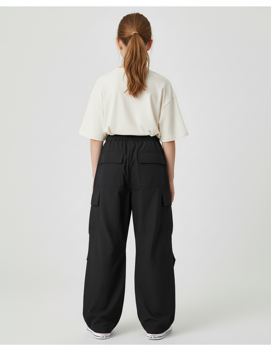 Pantalon Cargo Noir Ample Décontracté Jeune Multipoches - Polyester - vue 2