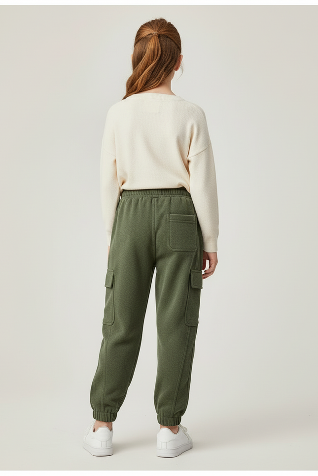 Pantalon Cargo Vert Molletonné Ample Enfant Décontracté - Kaki - vue 2