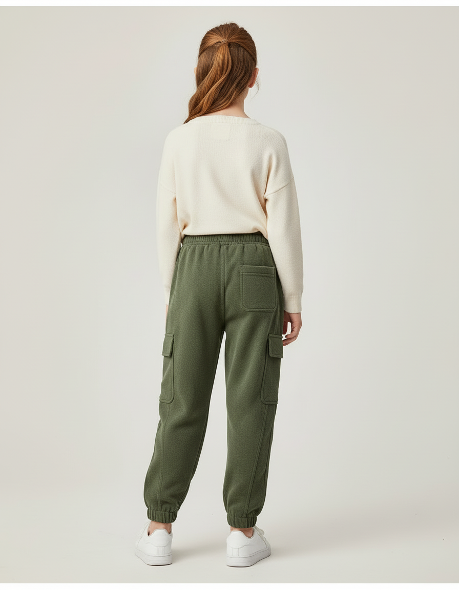Pantalon Cargo Vert Molletonné Ample Enfant Décontracté - Kaki - vue 2