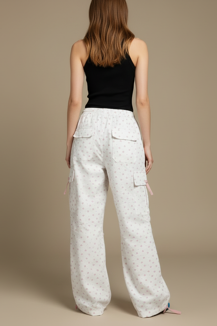 Pantalon Cargo Blanc Fleuri Ample Taille Haute - Coton - vue 2