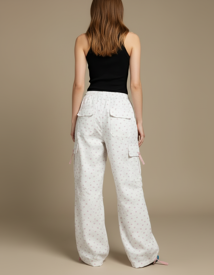 Pantalon Cargo Blanc Fleuri Ample Taille Haute - Coton - vue 2
