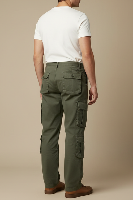 Pantalon Cargo Vert Militaire Ample Coton Multipoches Homme - Kaki Toile - vue 2