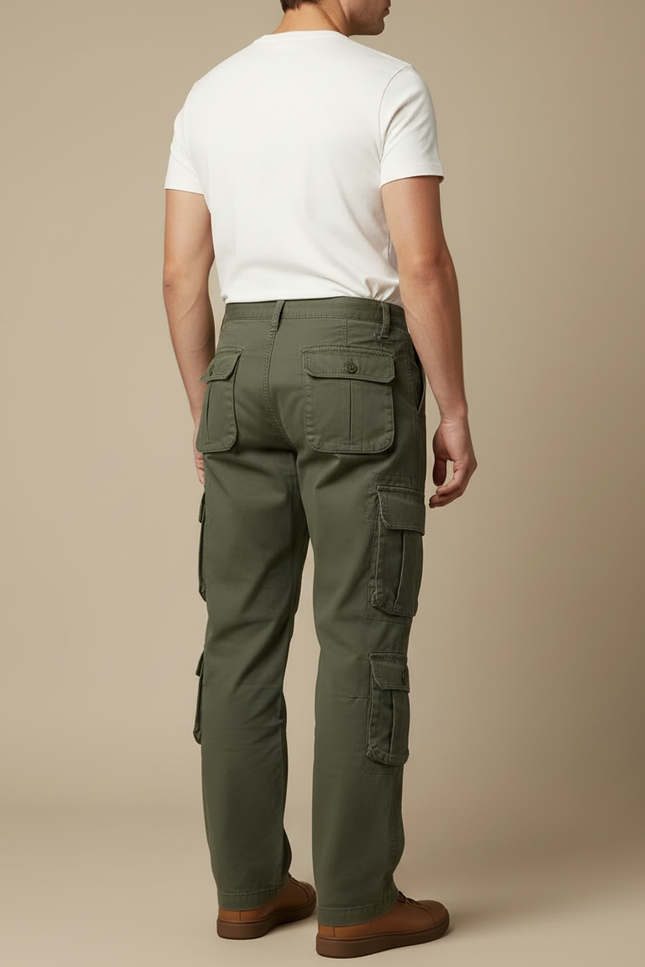 Pantalon Cargo Vert Militaire Ample Coton Multipoches Homme - Kaki Toile - vue 2