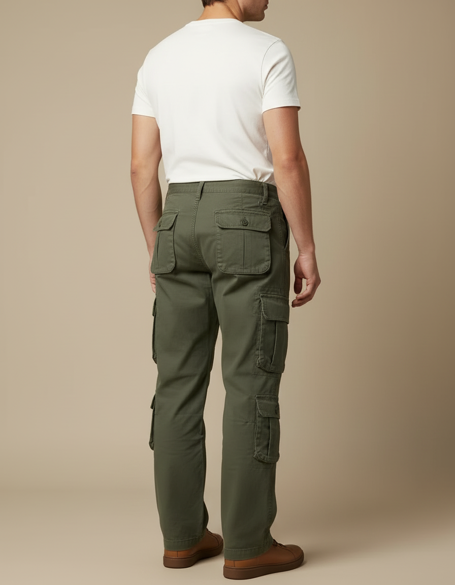 Pantalon Cargo Vert Militaire Ample Coton Multipoches Homme - Kaki Toile - vue 2