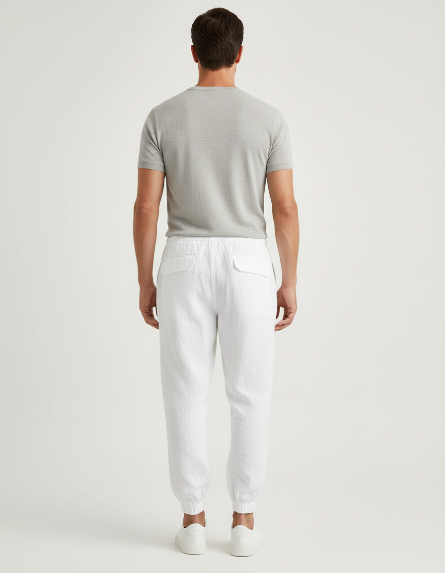 Pantalon Cargo Blanc Lin Coton Multipoches Homme Décontracté - vue 2