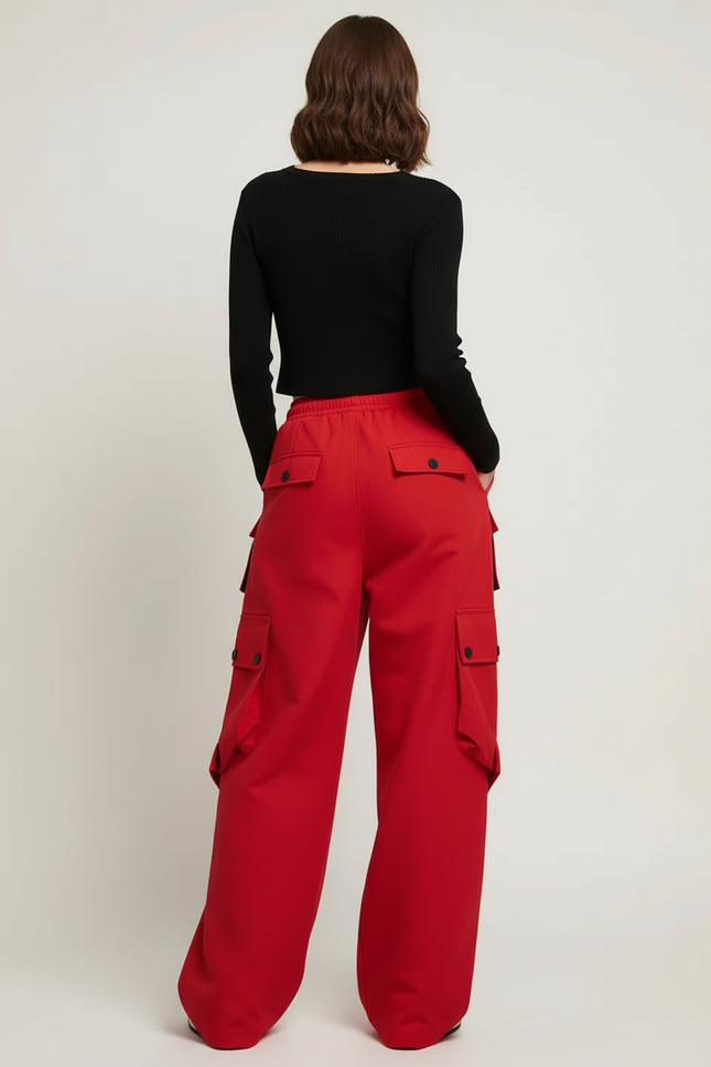 Pantalon Cargo Rouge Ample Multipoches Streetwear Femme - Toile - vue 2