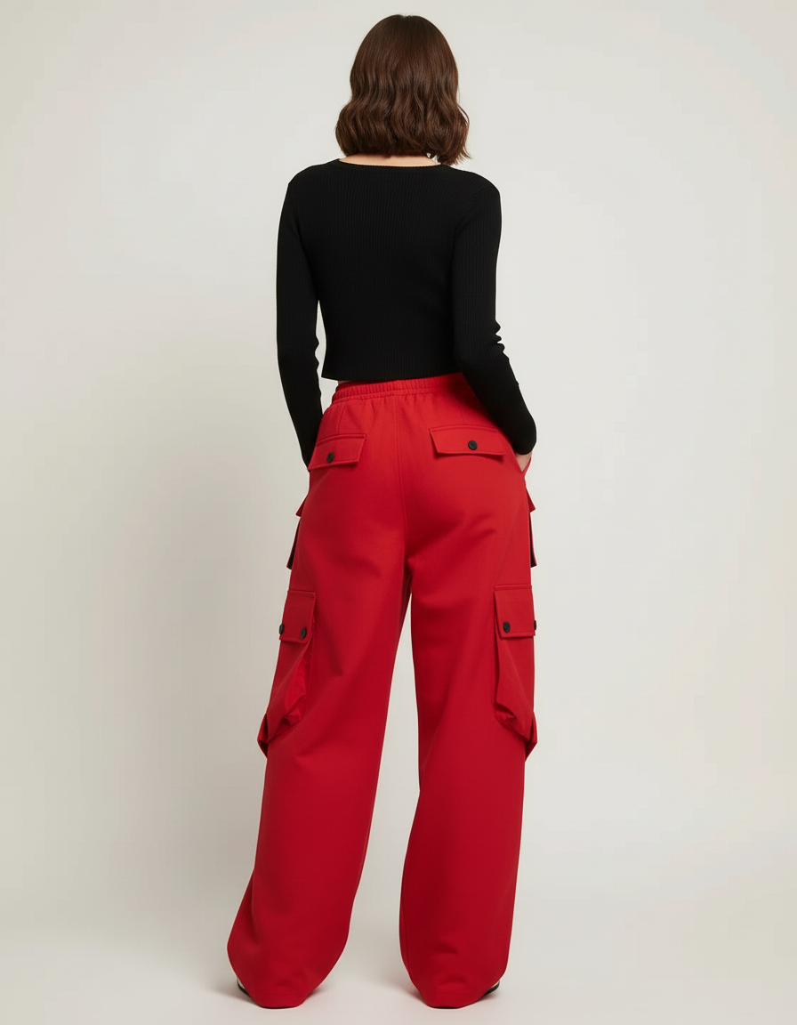 Pantalon Cargo Rouge Ample Multipoches Streetwear Femme - Toile - vue 2