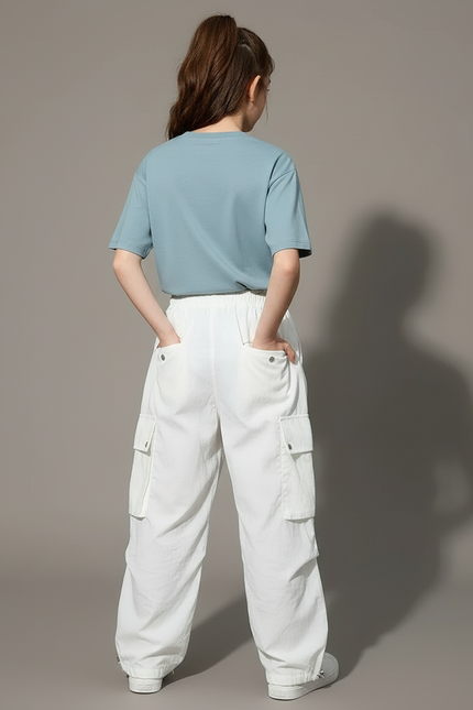 Pantalon Cargo Blanc Ample Décontracté Jeune Fille - Toile - vue 2