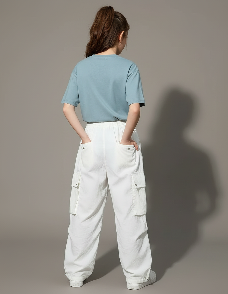 Pantalon Cargo Blanc Ample Décontracté Jeune Fille - Toile - vue 2