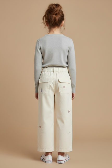 Pantalon Cargo Crème Brodé Ample Fille Enfants - Beige Toile - vue 2