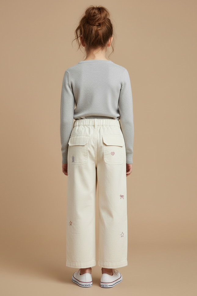 Pantalon Cargo Crème Brodé Ample Fille Enfants - Beige Toile - vue 2
