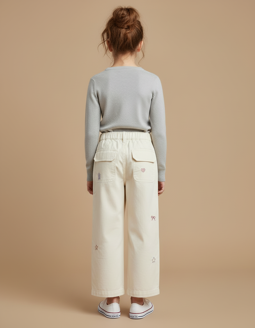 Pantalon Cargo Crème Brodé Ample Fille Enfants - Beige Toile - vue 2