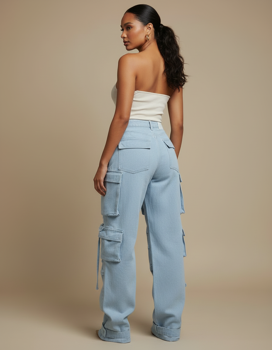 Pantalon Cargo Femme Ronde - Bleu Jean - vue 2