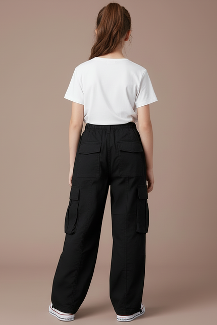 Pantalon Cargo Noir Ample Multipoches Fille Décontracté - Toile - vue 2