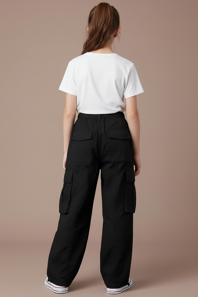 Pantalon Cargo Noir Ample Multipoches Fille Décontracté - Toile - vue 2