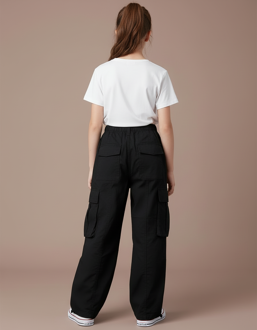 Pantalon Cargo Noir Ample Multipoches Fille Décontracté - Toile - vue 2